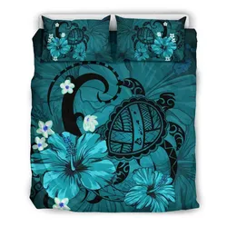 FamilyGater Bedding Set - Cover and Pillow Cases Hawaiian Map Big Turtle Hibiscus Plumeria Tribal Polynesian - Turquoise - AH J9