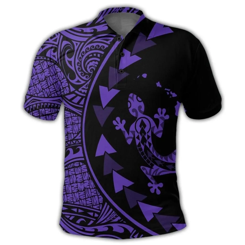 Alohawaii Shirt - Hawaiian Map Gecko Tattoo Kakau Polynesian Polo Shirt Purple AH - J0R