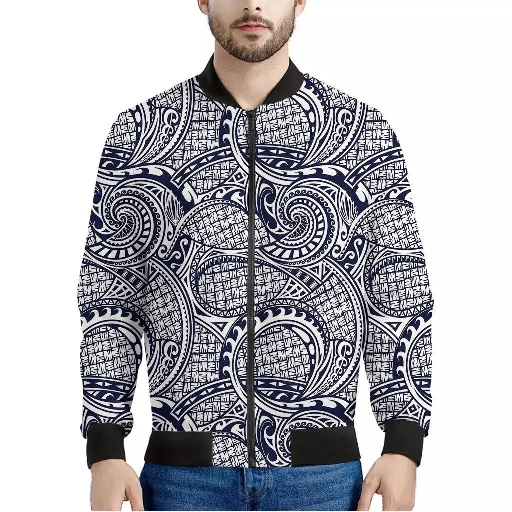 Blue Maori Polynesian Tribal Print Mens Bomber Jacket