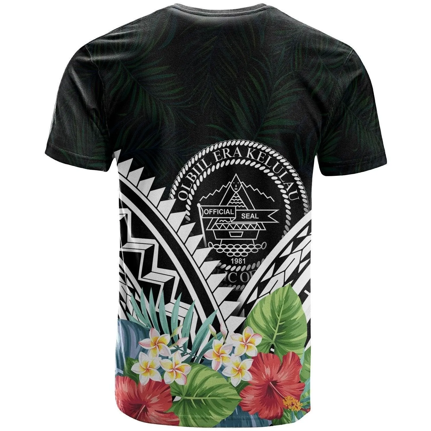 Palau Polynesian T shirts - Palau Coat of Arms and Polynesian Tropical Flowers White