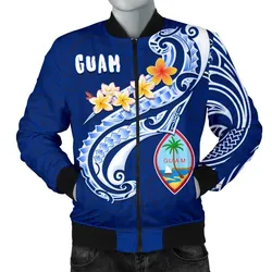 Guam Mens Bomber Jacket - Guam Seal Polynesian Patterns Plumeria (Blue)