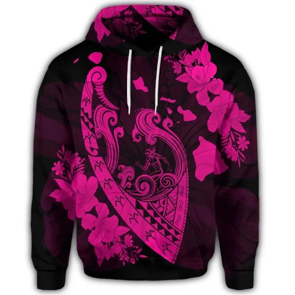 Alohawaii Hoodie - Hawaiian Fish Hook Hibiscus Banzai Surfing Polynesian Hoodie Pink - AH - J5R