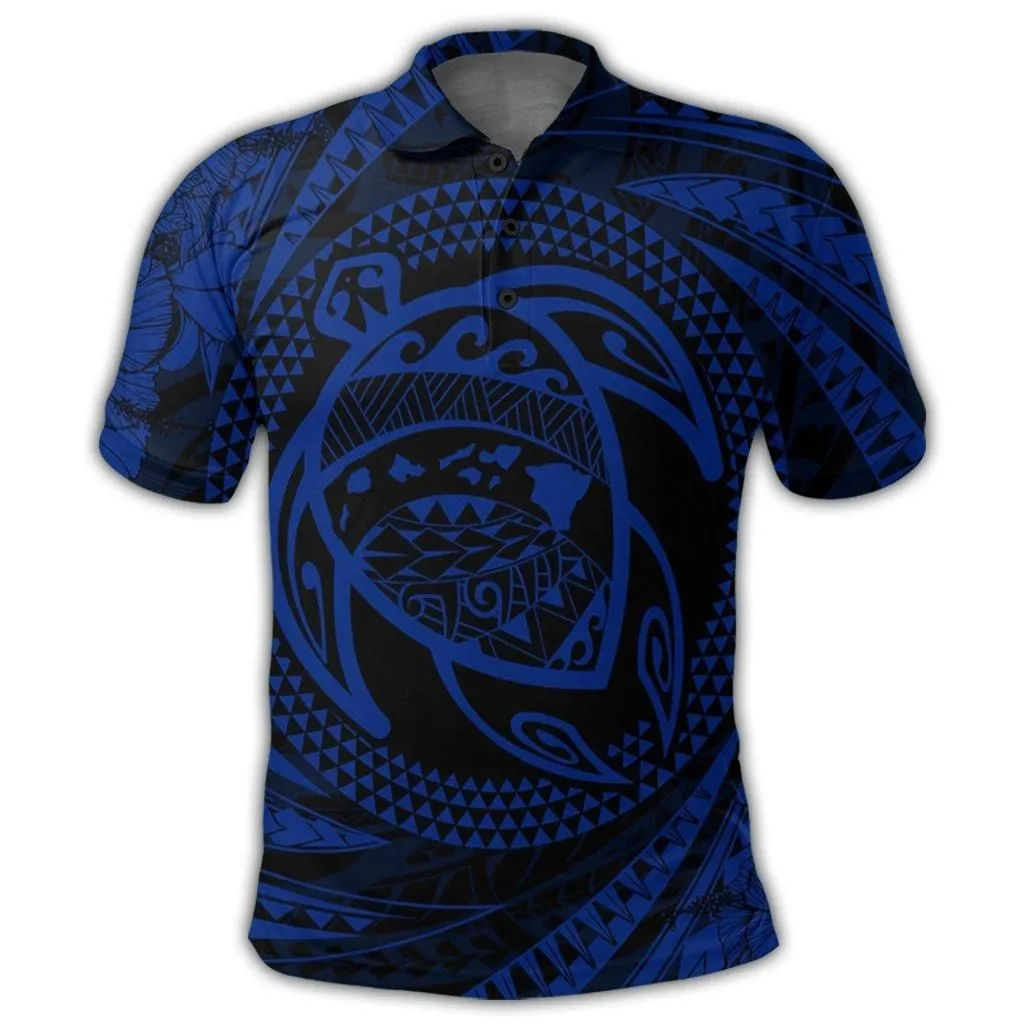 Hawaiian Kanaka Honu Hibiscus Tornando Polynesian Blue Polo Shirt - AH