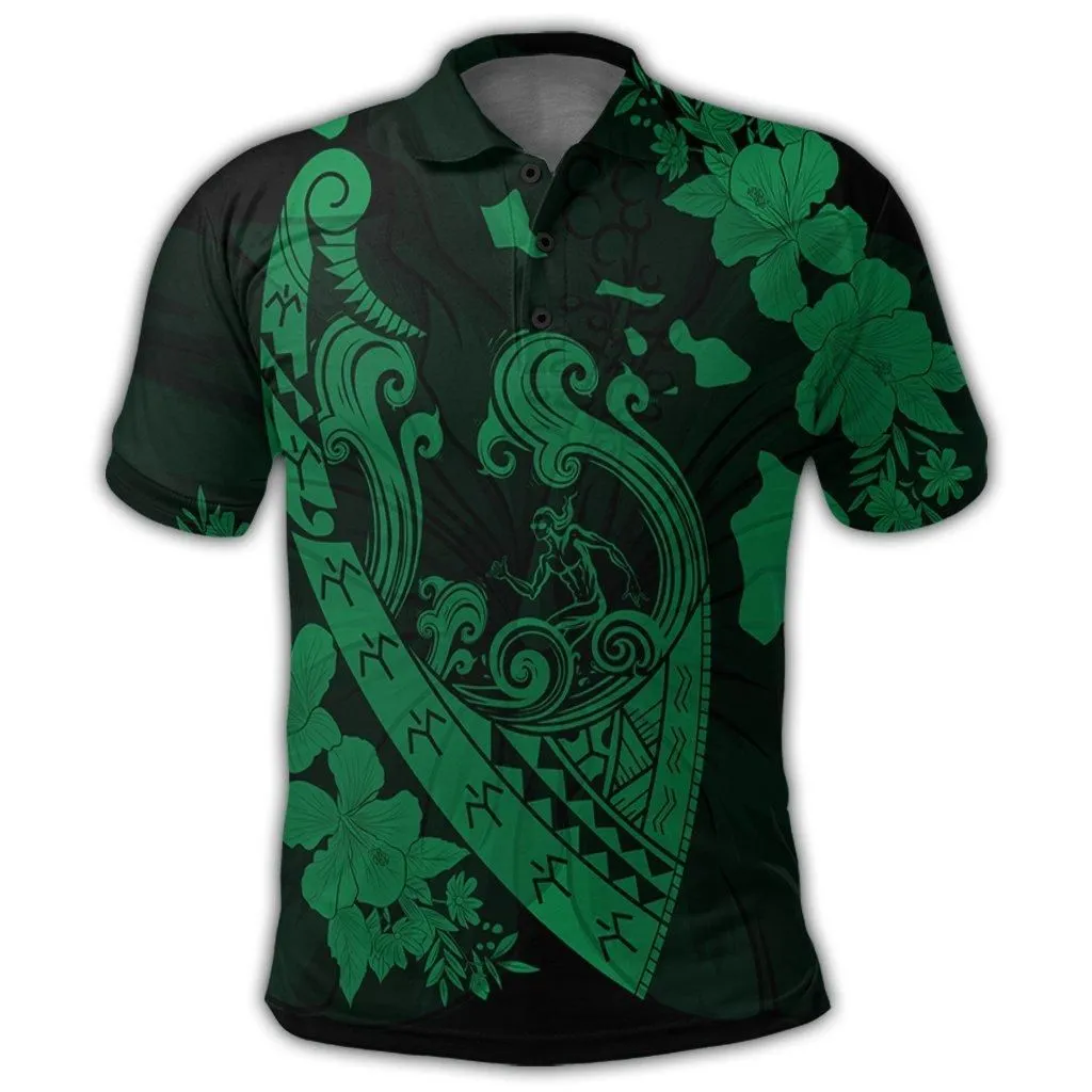 Hawaiian Fish Hook Hibiscus Banzai Surfing Polynesian Polo Shirt Green - AH