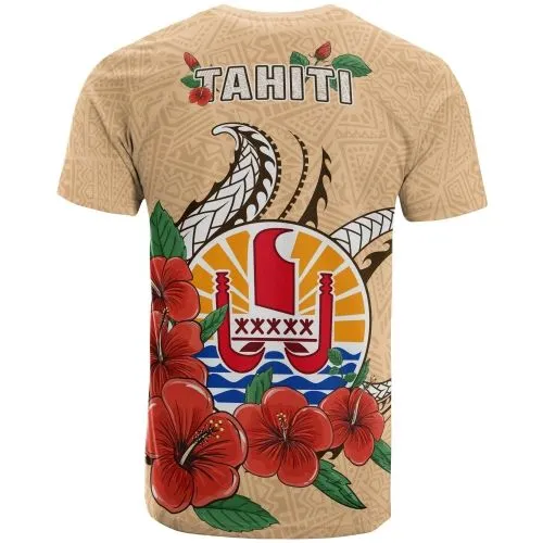 Tahiti Polynesian T-Shirt - Hibiscus Coat of Arm Beige