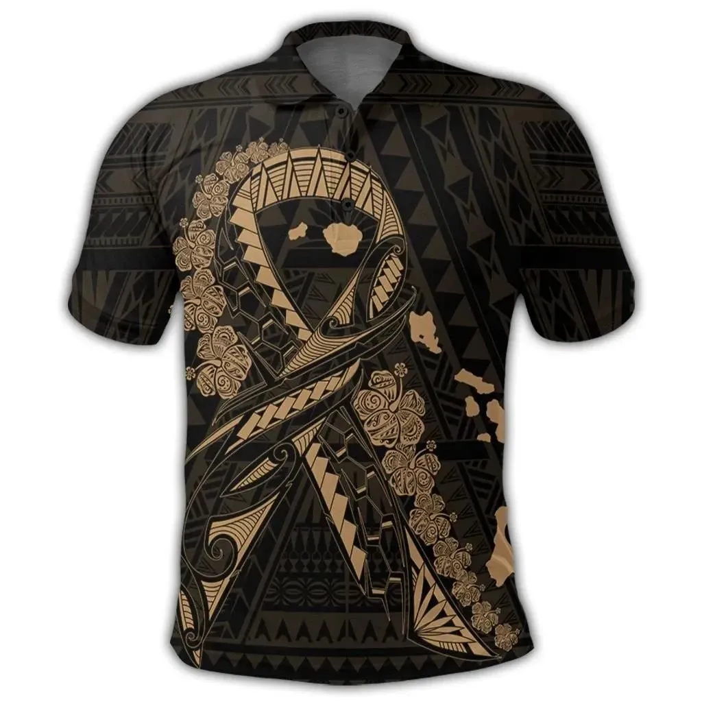 Alohawaii Shirt - Hawaiian Map Heart Ribbon Cancer Hibiscus Gold Polynesian Polo Shirt - AH - J4R