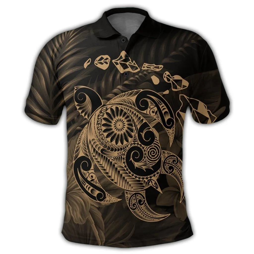 Hawaiian Map Turtle Tattoo Hibiscus Plumeria Polynesian Polo Shirt - Gold - AH