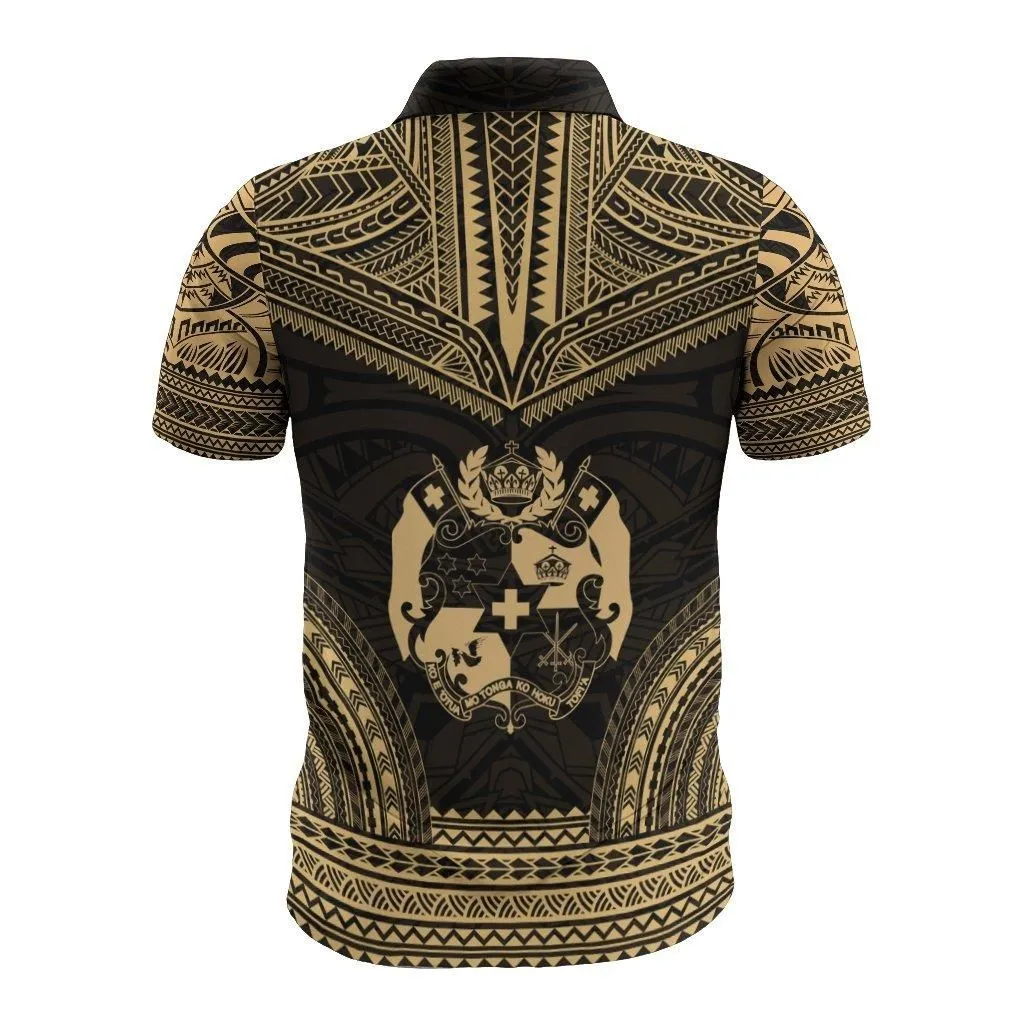 Tonga Polo Shirt - Tonga Coat Of Arms Polynesian Chief Tattoo Gold Version