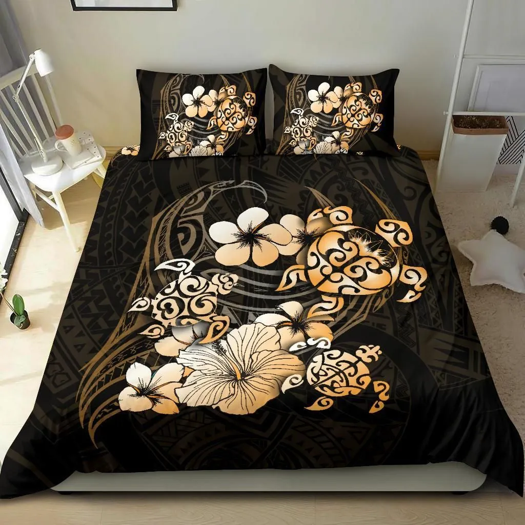 Golden Turtle Hibiscus Mix Plumeria Polynesian Bedding Set