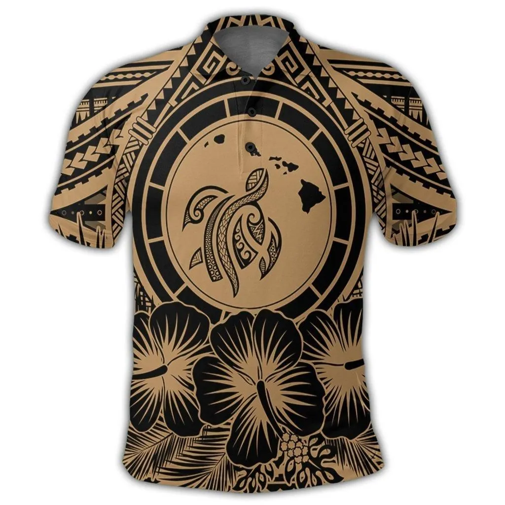 Hawaiian Map Honu Hibiscus Tropic Gold Polynesian Polo Shirt