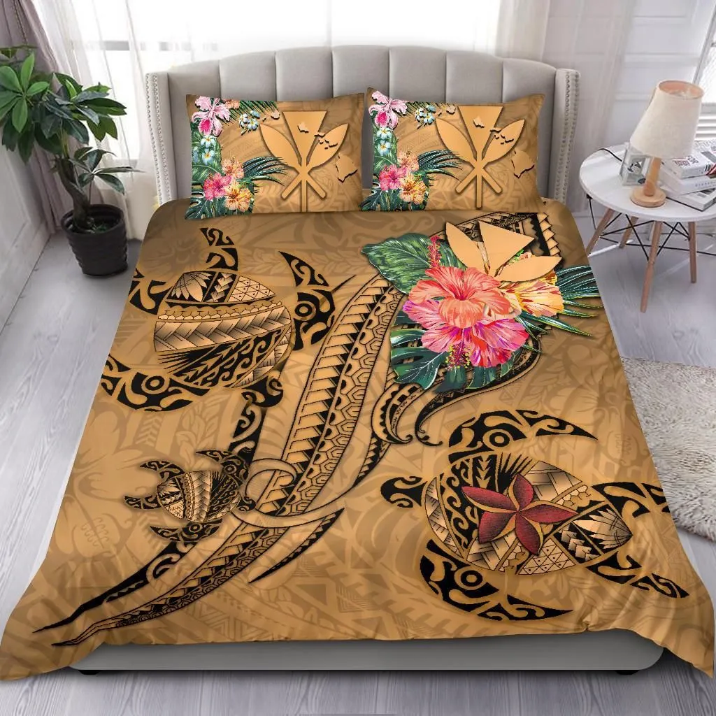 Kanaka Maoli Hawaii Bedding Set - Turtle Tribal Tattoo With Hibiscus Gold K4