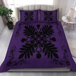 Alohawaii Home Set - Hawaiian Quilt Maui Plant And Hibiscus Pattern Bedding Set - Black Purple - AH J8