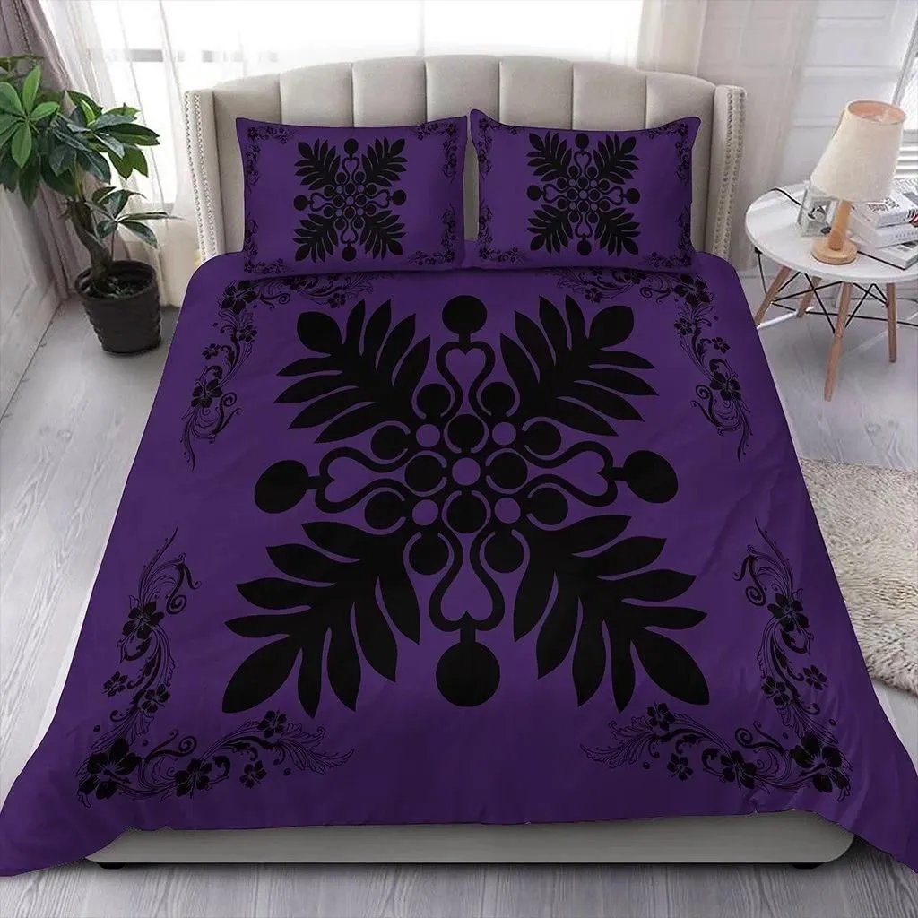 Alohawaii Home Set - Hawaiian Quilt Maui Plant And Hibiscus Pattern Bedding Set - Black Purple - AH J8
