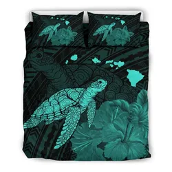 Alohawaii Home Set - Hawaii Polynesian Hibiscus Turtle Map Bedding Set - AH - Turquoise - J5