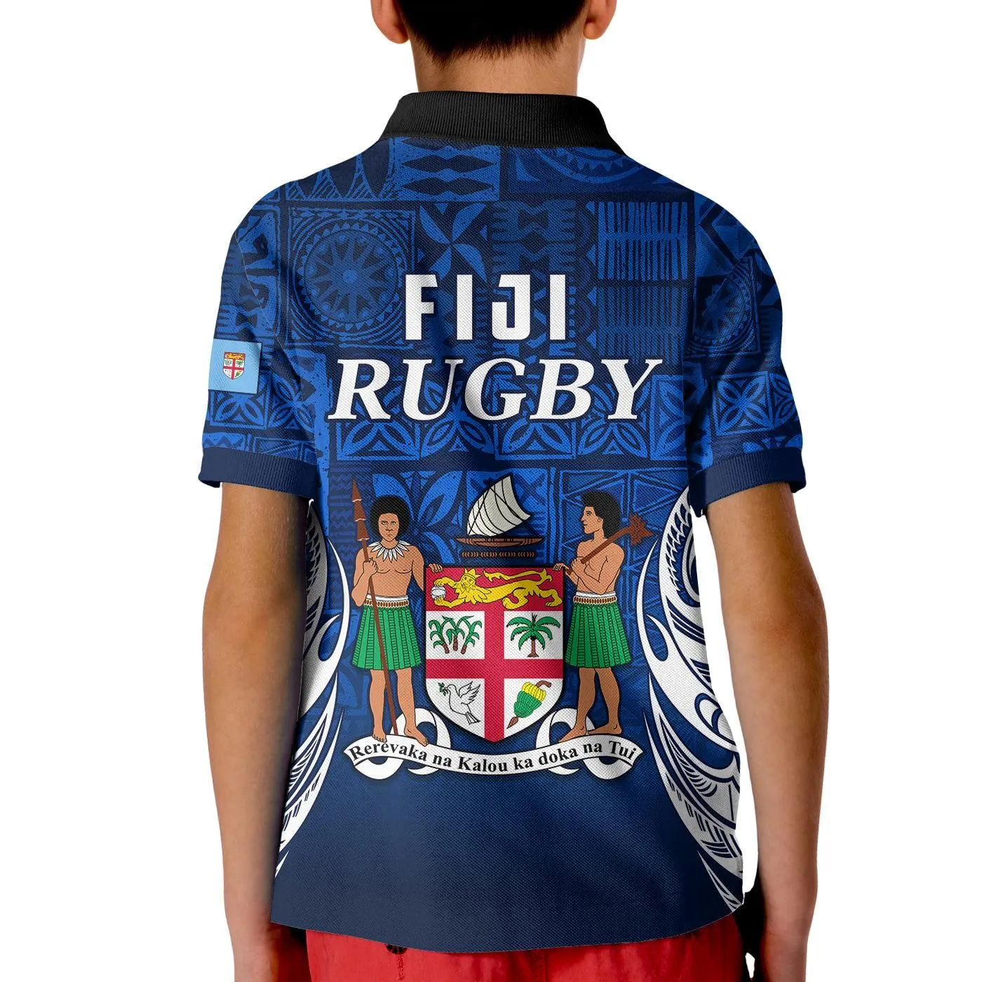 Fiji Rugby Polo Shirt KID Flying Fijians Blue Tapa Pattern LT13