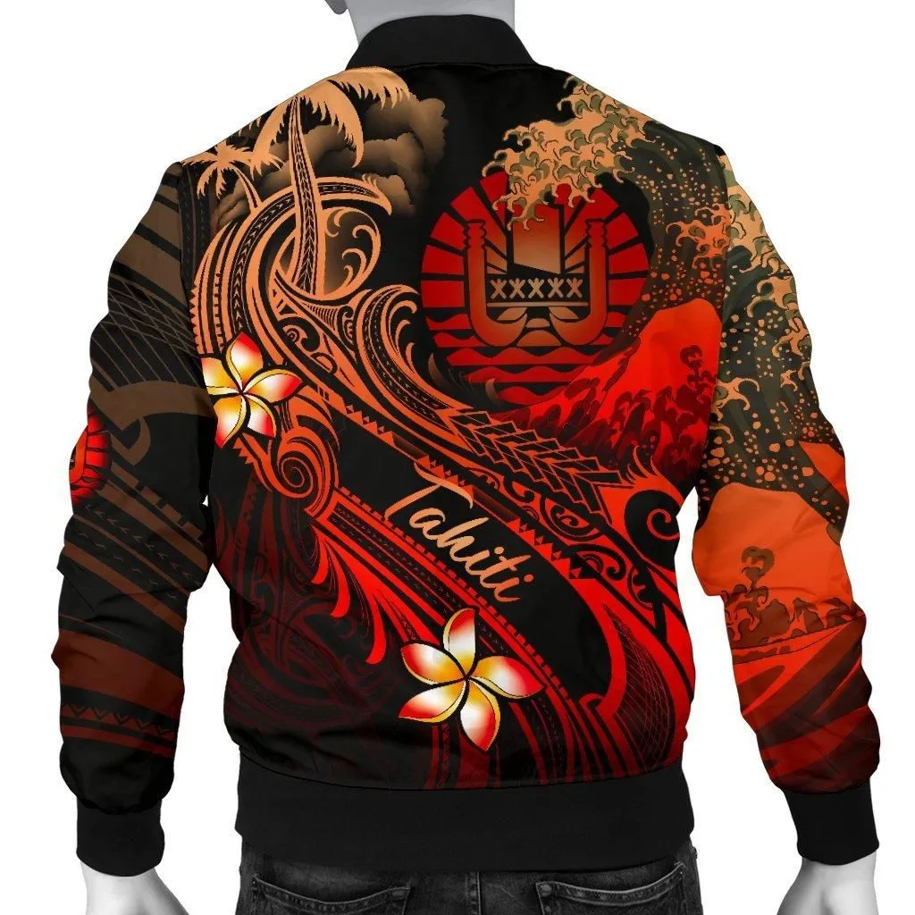 Tahiti Polynesian Mens Bomber Jacket - Plumeria Flowers And Waves