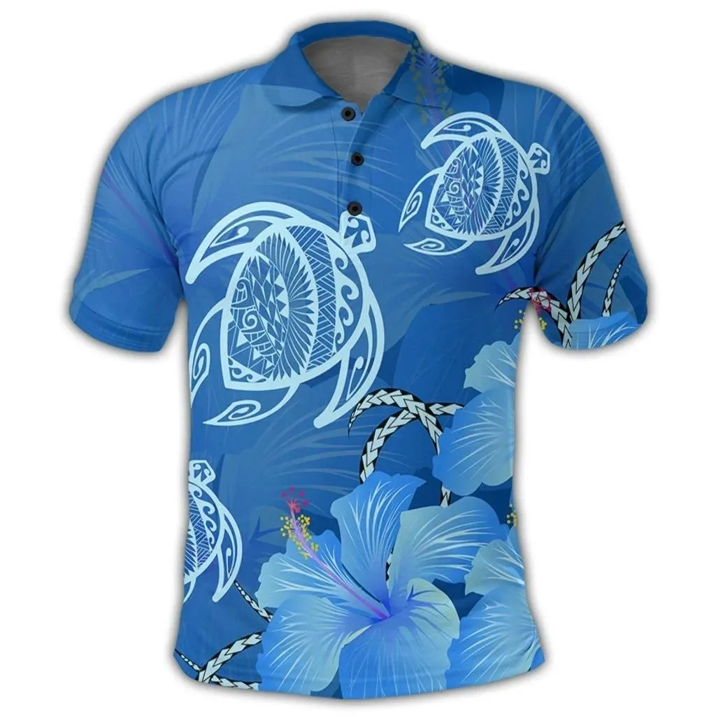 Alohawaii Shirt - Hawaii Blue Hibiscus Turtle Polynesian Polo Shirt - AH - J4R