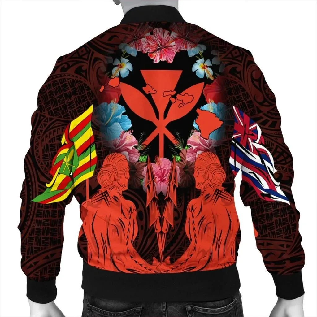 FamilyGater Jacket - Hawaii Map Kanaka Two Men Holding Flag Bomber Jacket Orange - AH - J5R