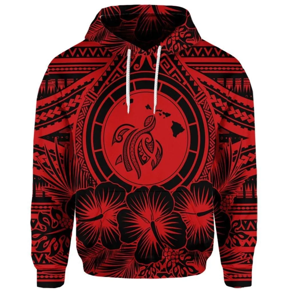 (Personalised) Hawaiian Map Honu Hibiscus Tropic Red Polynesian Hoodie - AH