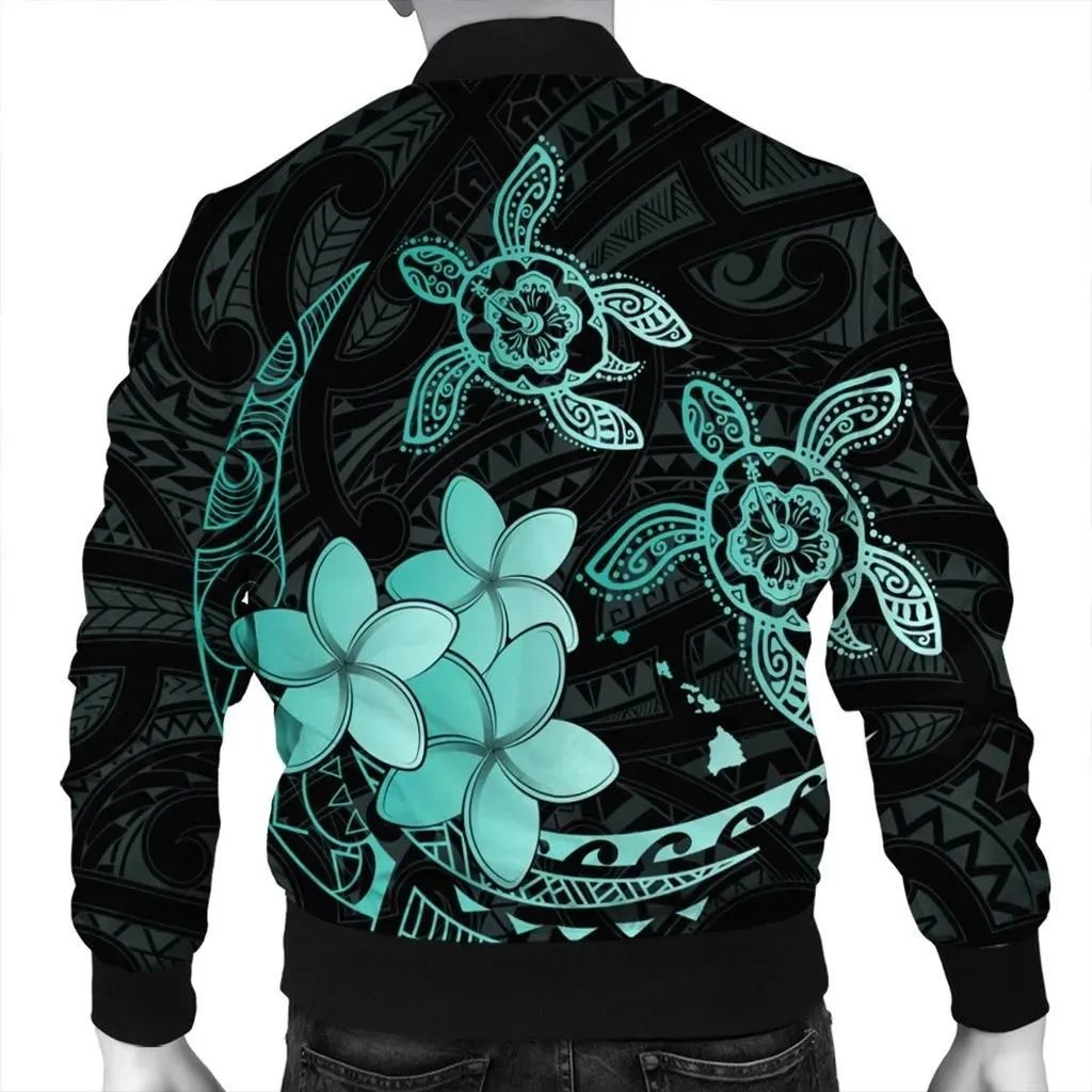 FamilyGater Jacket - Hawaii Polynesian Turtle Plumeria Bomber Jacket - Pog Style Turquoise - AH - J4R