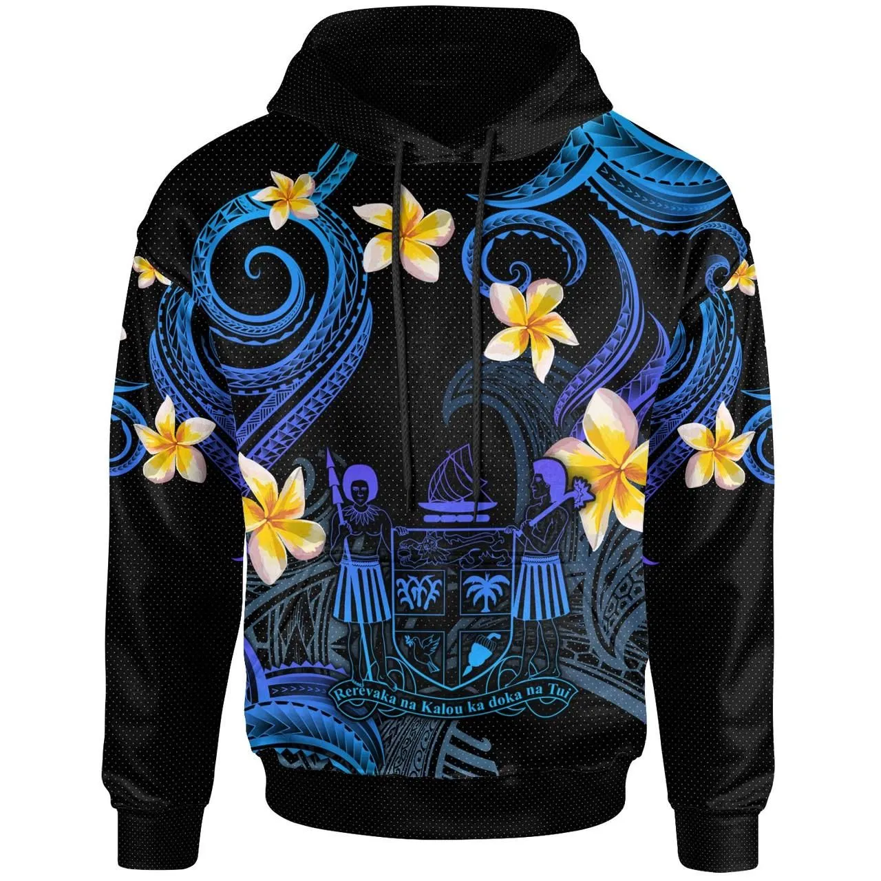 Fiji Hoodie - Custom Personalised Polynesian Waves with Plumeria Flowers (Blue)
