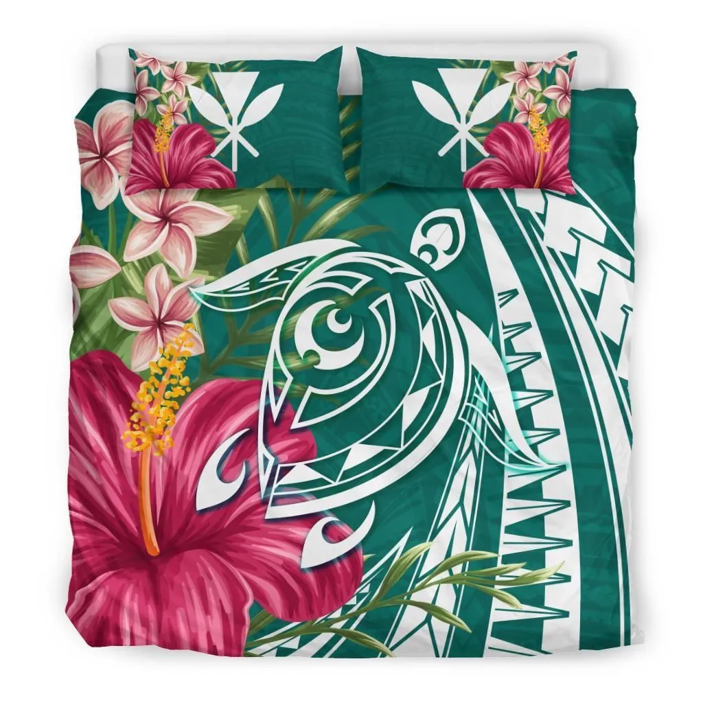 Hawaii Polynesian Turtle Tropical Hibiscus Plumeria Bedding Set - Turquoise