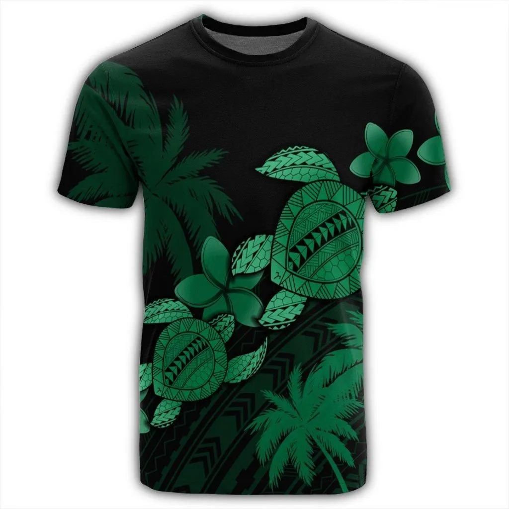 Hawaii Turtle Plumeria Coconut Tree Polynesian T-Shirt - Green - AH