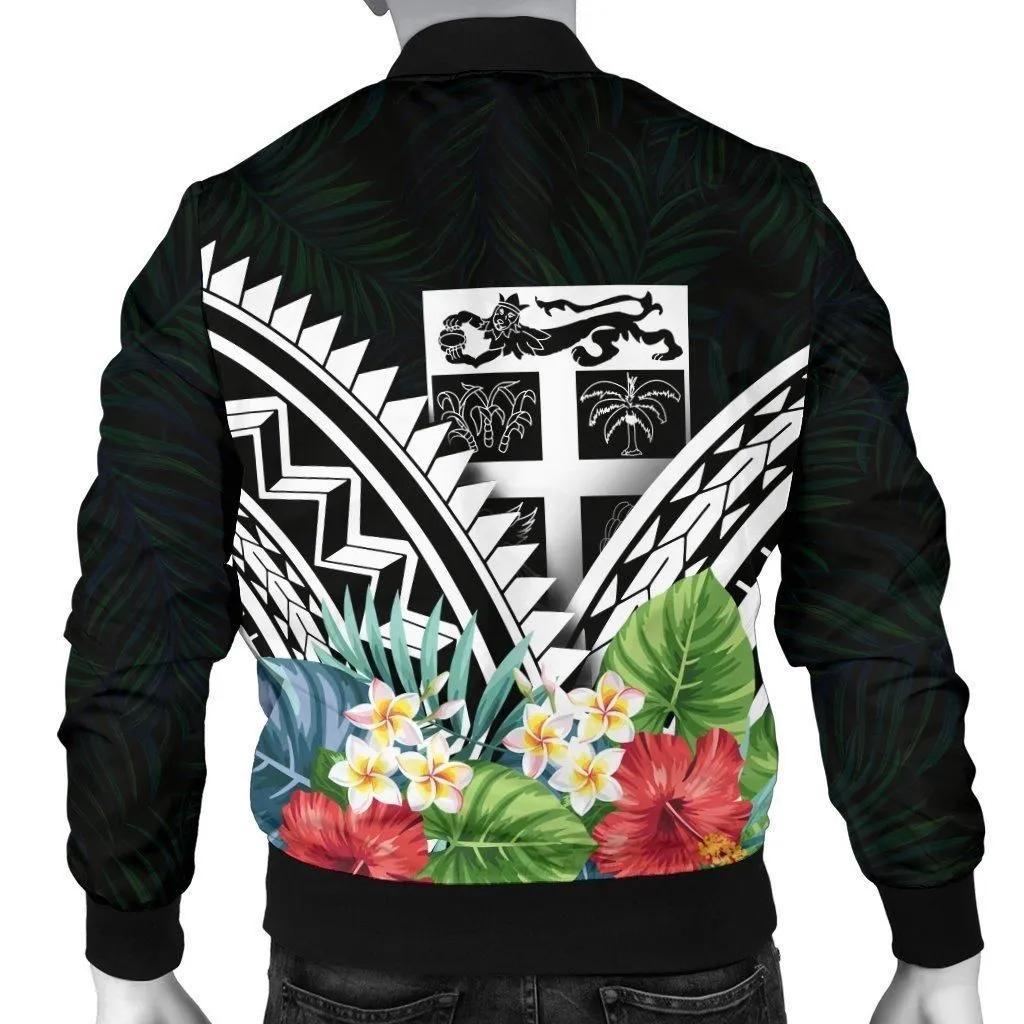 Fiji Mens Bomber Jacket - Fiji Coat of Arms & Polynesian Tropical Flowers White
