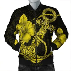 Hawaiian Anchor Poly Tribal Hibiscus Polynesian Bomber Jacket Yellow