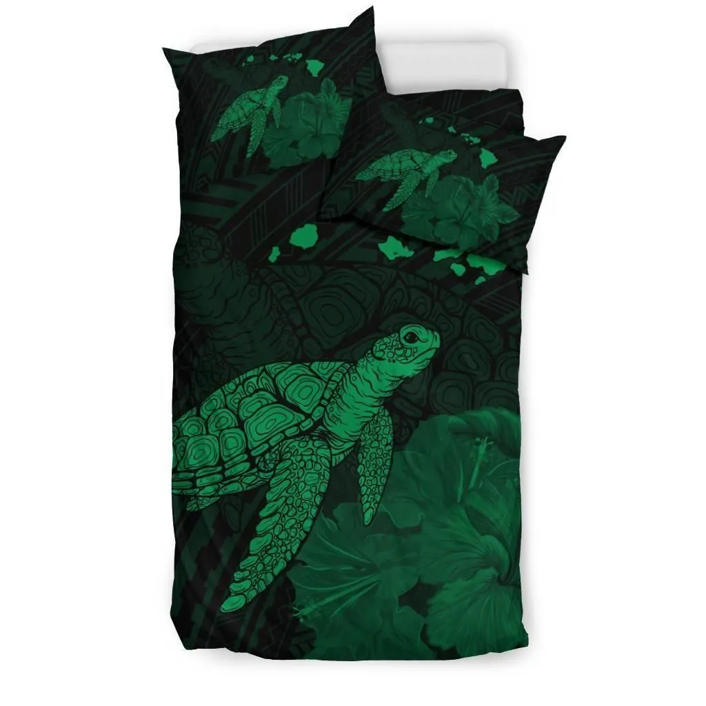 Alohawaii Home Set - Hawaii Polynesian Hibiscus Turtle Map Bedding Set - AH - Green - J5