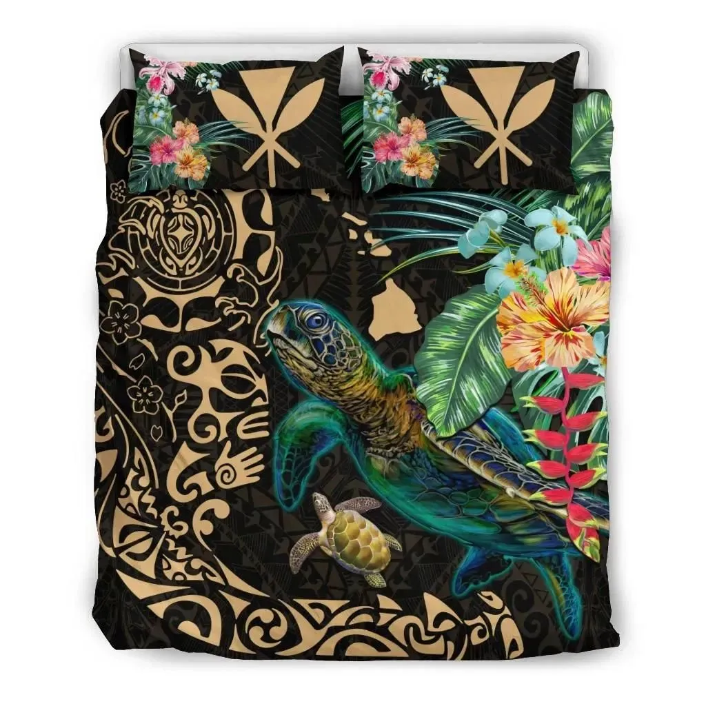 Alohawaii Bedding Set - Cover and Pillow Cases Hawaii Tiki Polynesian - Turtle Mix Hibiscus Gold K4