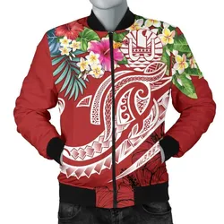 Tahiti Polynesian Mens Bomber Jacket - Summer Plumeria Red