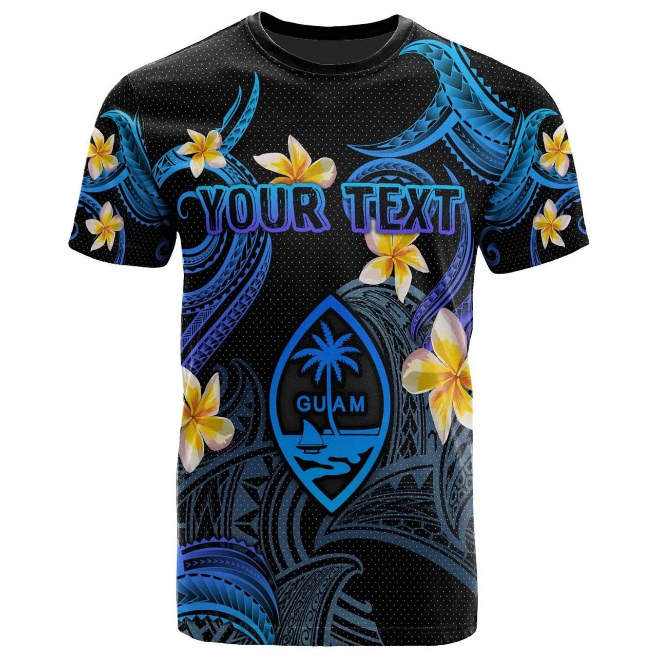 Guam T-shirt - Custom Personalised Polynesian Waves with Plumeria Flowers (Blue)