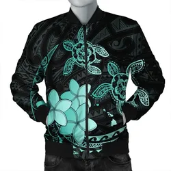 FamilyGater Jacket - Hawaii Polynesian Turtle Plumeria Bomber Jacket - Pog Style Turquoise - AH - J4R
