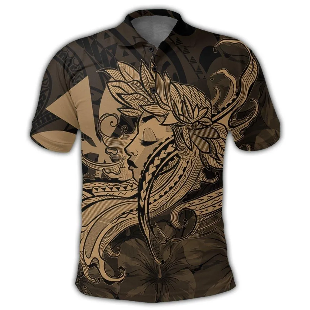 Hawaiian Map Hula Girl Hibiscus Kanaka Polynesian Polo Shirt - Gold - AH