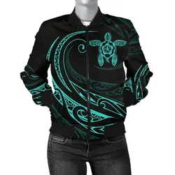 Hawaii Turtle Polynesian Womens Bomber Jacket - Turquoise - Frida Style