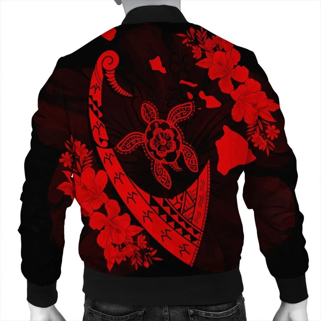 Hawaiian Map Hibiscus Turtle Fish Hook Polynesian Bomber Jacket Red - AH
