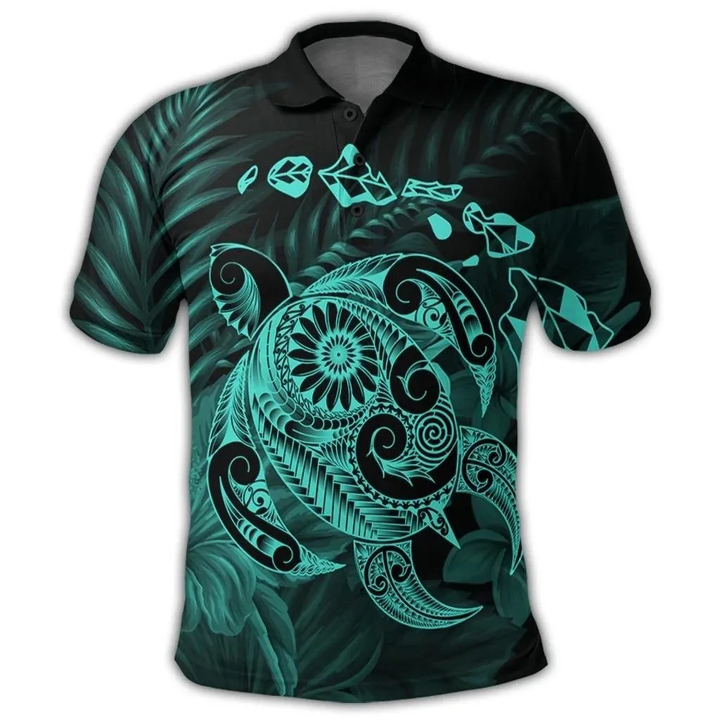 Alohawaii Shirt - Hawaiian Map Turtle Tattoo Hibiscus Plumeria Polynesian Polo Shirt - Turquoise - AH - J4R