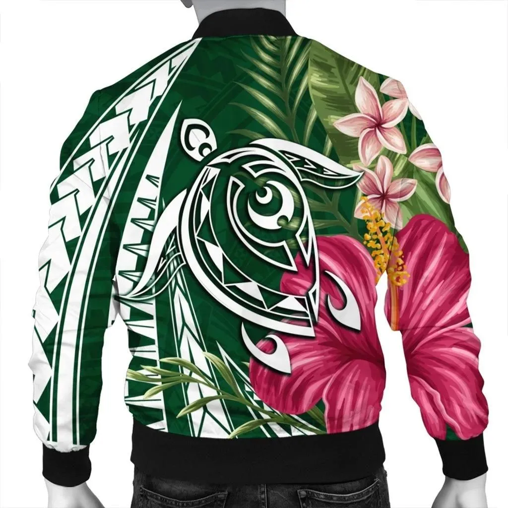 FamilyGater Jacket - Hawaii Polynesian Turtle Tropical Hibiscus Plumeria Bomber Jacket - Green - AH - J4R