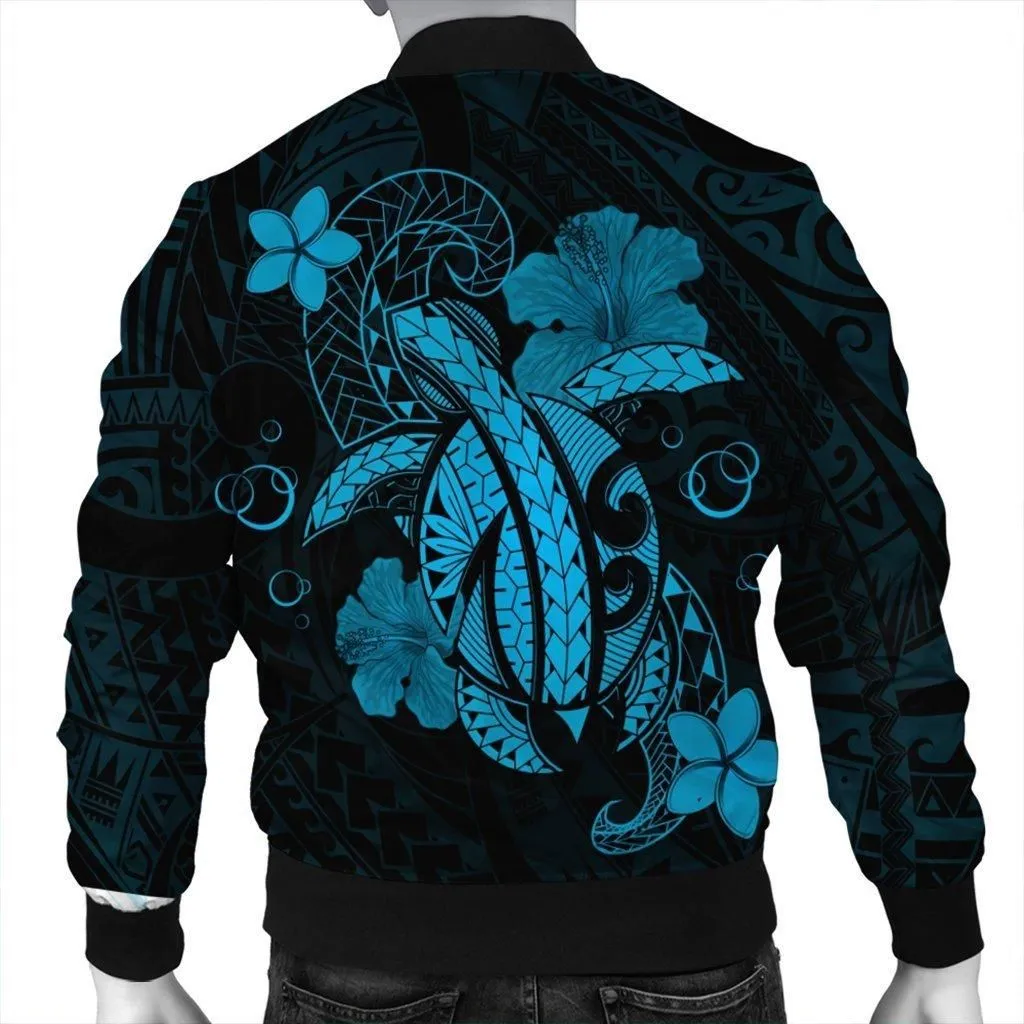 Hawaii Turtle Flower Polynesian Bomber Jacket - Turquoise