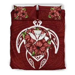 FamilyGater Home Set - Hawaii Turtle Hibiscus Polynesian Bedding Set - Red \bThree - AH J4