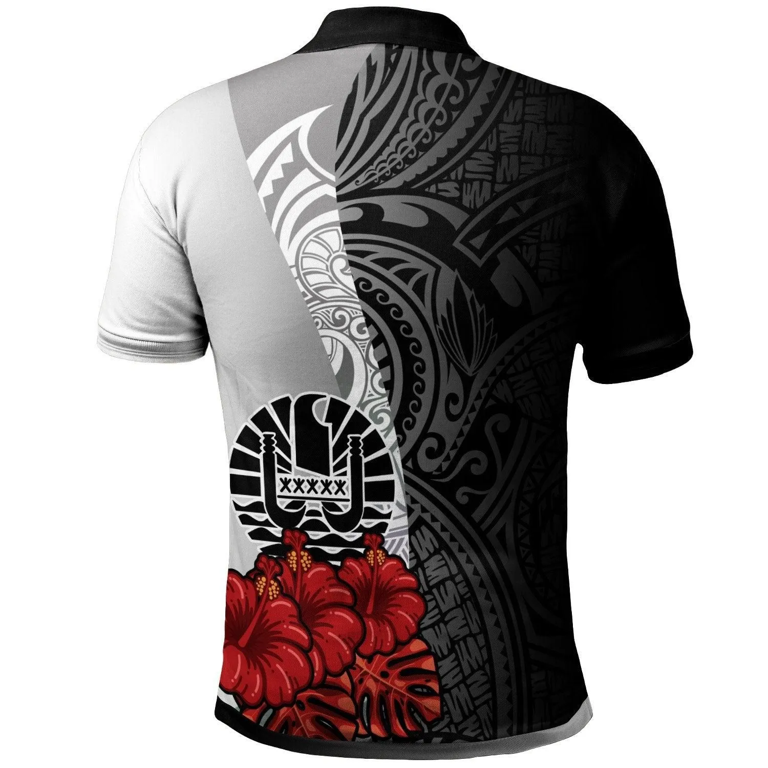 Tahiti Polynesian Custom Personalised Polo Shirt - Coat Of Arm With Hibiscus White