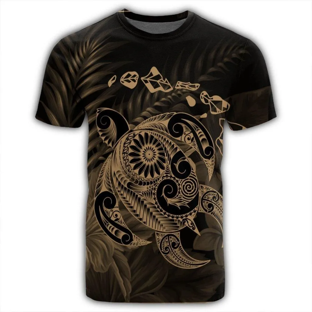 Hawaiian Map Turtle Tattoo Hibiscus Plumeria Polynesian T-Shirt - Gold - AH