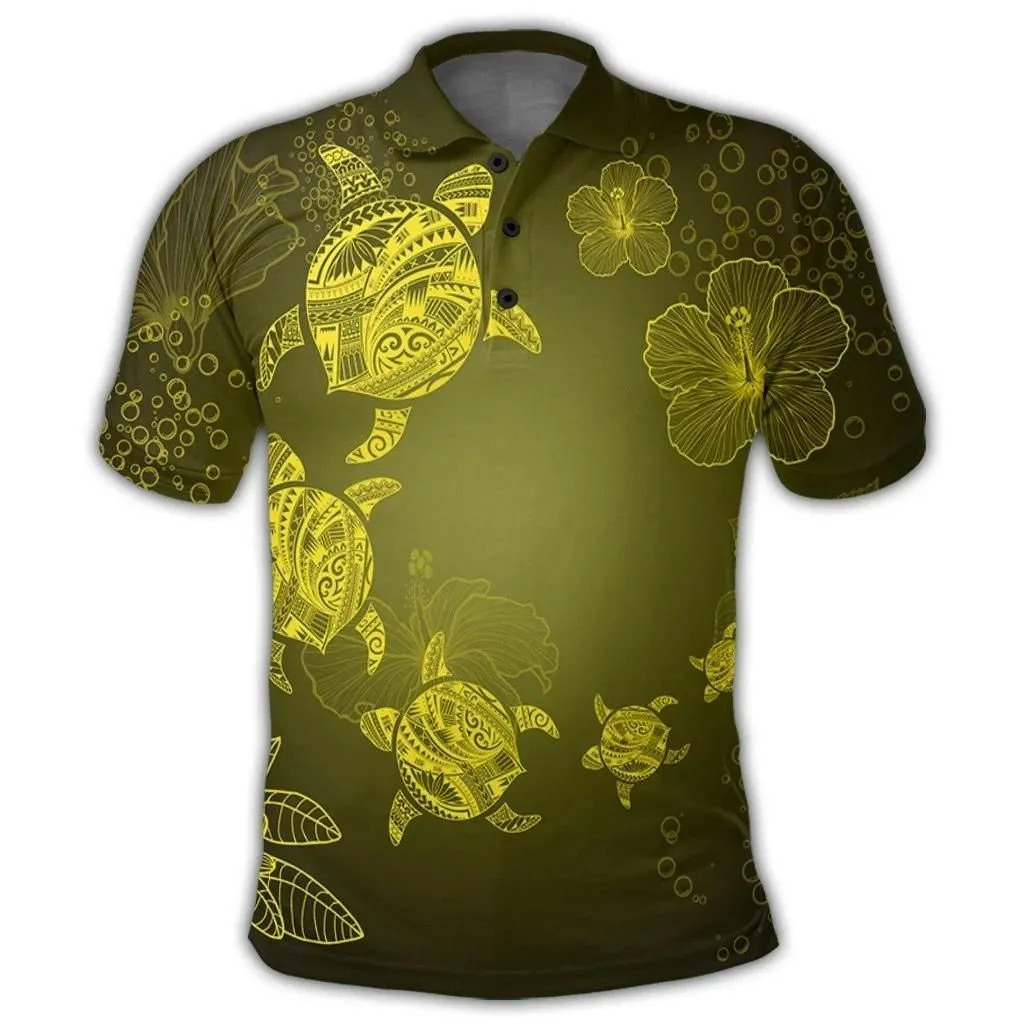 Alohawaii Shirt - Hawaiian Plumeria Hibiscus Turtle Under Sea Polynesian Polo Shirt Yellow AH - J7R