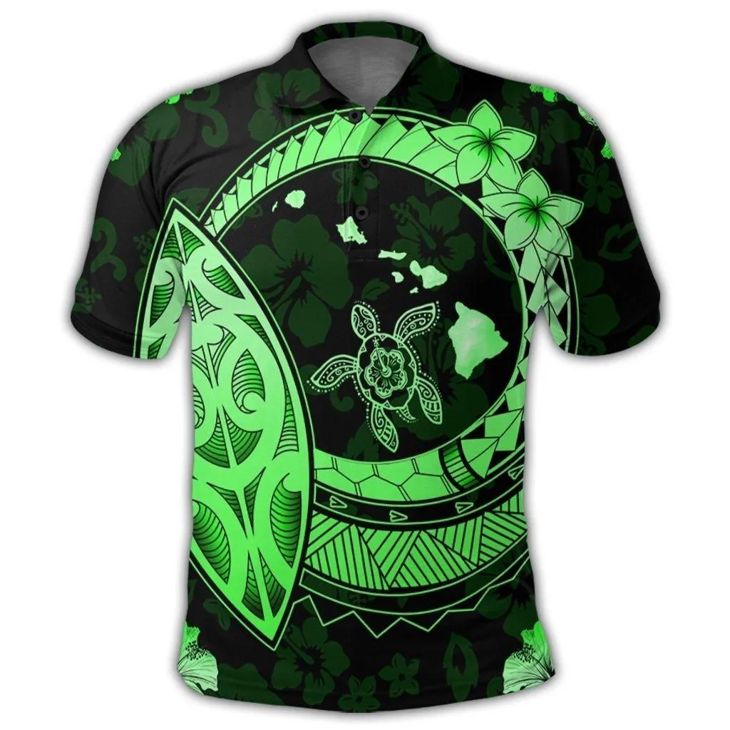 Hawaii Turtle Hibiscus Map Polynesian Polo Shirt Green