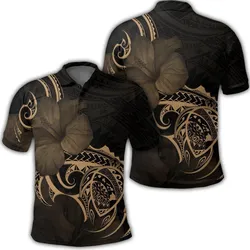 Hawaii Map Turtle Hibiscus Divise Polynesian Polo Shirt Gold