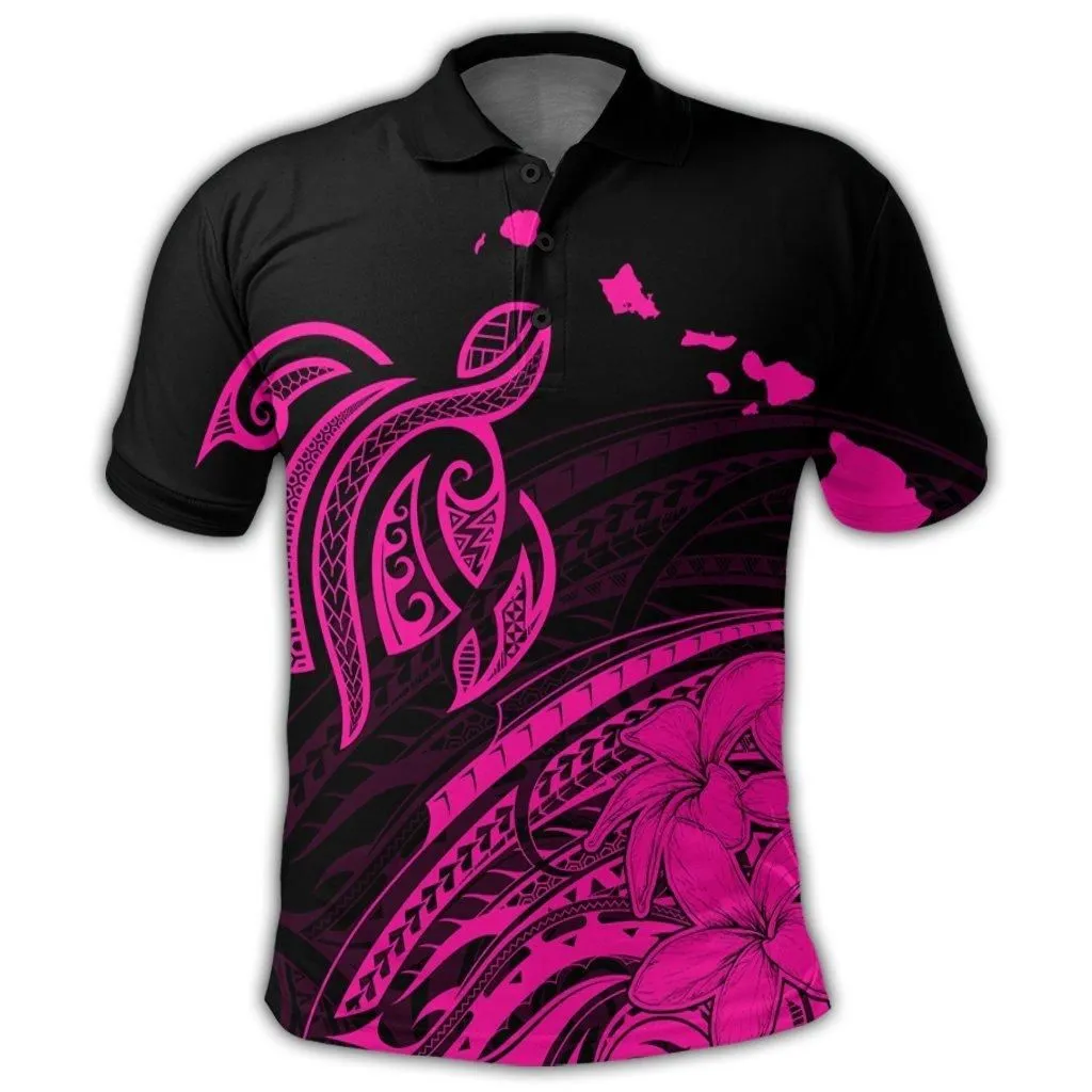 Hawaii Turtle Polynesian Map Plumeria Polo Shirt Pink