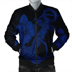 Hawaiian Anchor Poly Tribal Hibiscus Polynesian Bomber Jacket Blue - AH