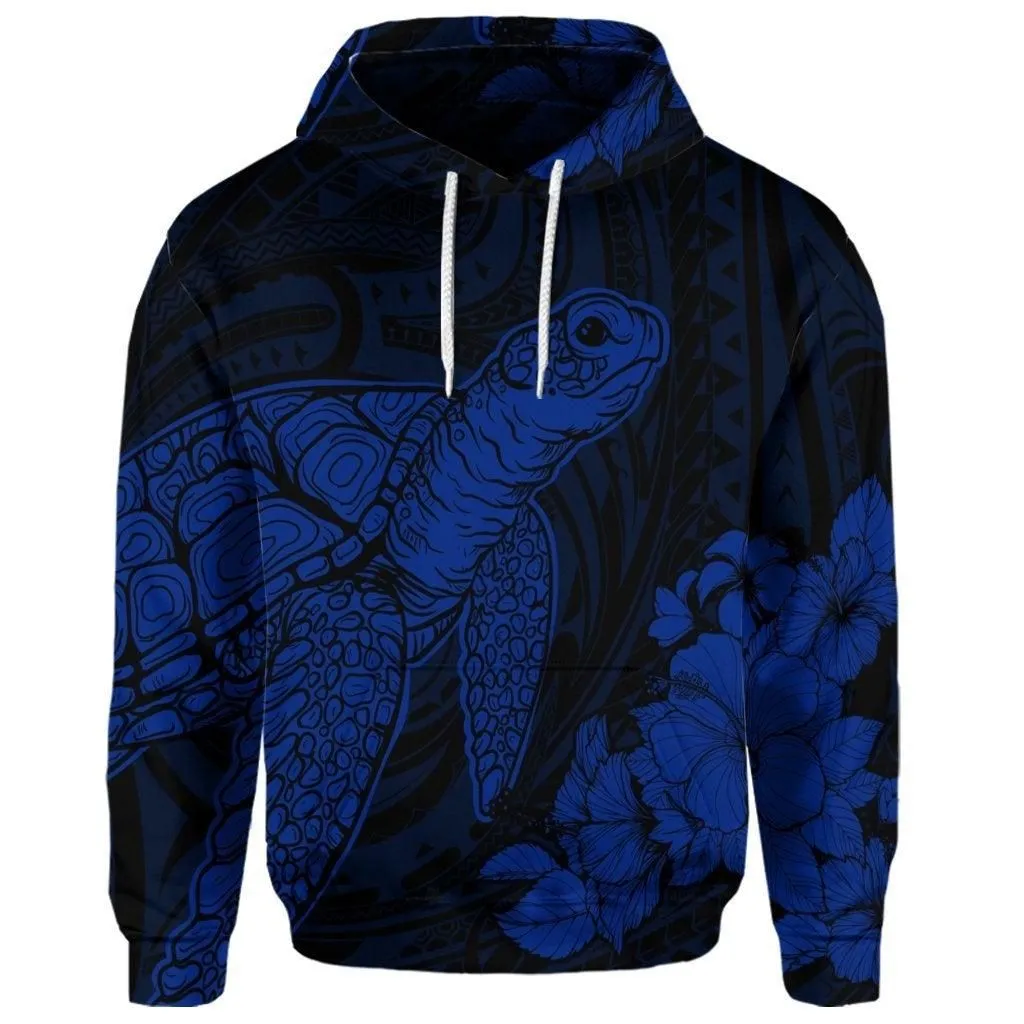 (Personalised) Hawaiian Hibiscus Memory Turtle Polynesian Hoodie Blue