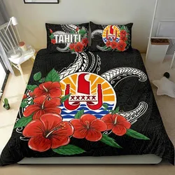 FamilyGater Bedding Set - Cover and Pillow Cases Polynesian - Tahiti - Hibiscus Coat of Arm Black - BN11